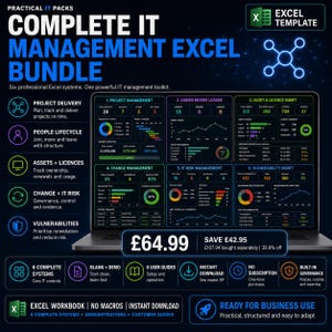 May include: A digital product display for a Complete IT Management Excel Bundle featuring six professional systems. The screen shows dashboards for project management, asset and license management, change management, IT risk, and vulnerability management.
