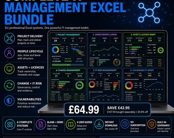 IT Management Excel Bundle | Project, Risk, Change, Asset, JML & Vulnerability Systems