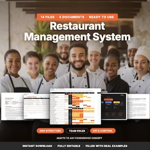 May include: A digital restaurant management system bundle featuring 14 files and 5 documents. The display shows a group of smiling kitchen staff in white uniforms behind various business templates, including job descriptions, organizational charts, and KPI control spreadsheets.