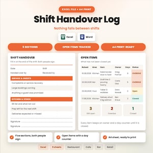 May include: A digital Shift Handover Log template featuring sections for service, guests, kitchen, and stock. The document includes an open items tracker with columns for date, area, item, owner, days, and status. It is available in Excel and Word formats.
