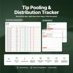 Tip Pooling Spreadsheet | Tip Tracker, Tip Out Calculator & Printable Payout Slips | for Restaurant, Cafe, Bar | Excel