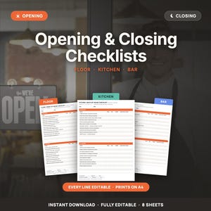 Op de afbeelding: Een set printbare checklists voor het openen en sluiten van restaurants, inclusief secties voor Floor, Kitchen en Bar. De documenten zijn op wit papier met oranje, turquoise en blauwe koppen en bevatten bewerkbare tekstvelden.