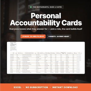May include: Personal Accountability Cards for restaurants, bars, and cafés. Includes 15 roles, 53 lines filled in, and 9 A4 print-ready sheets. The digital document features a detailed table with columns for role, zone, accountability, metrics, and status.