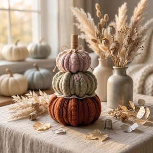 Puede incluir: Un adorno de calabazas apiladas hecho de tres secciones de tejido de punto en rosa empolvado, verde salvia y naranja quemado. La calabaza superior tiene un tallo de madera, un lazo de cuerda y dos botones. Un borde de encaje blanco separa las secciones.
