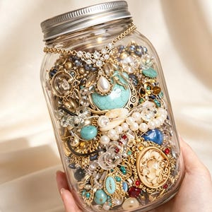 May include: A clear glass jar with a silver metal lid filled with a collection of assorted jewelry, including turquoise stones, white pearls, gold-tone chains, a cameo brooch, and various colorful beads and pendants visible through the glass.