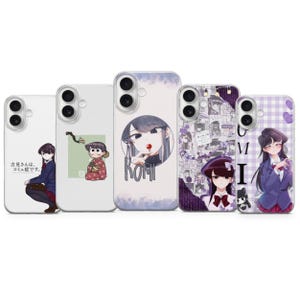 May include: Five clear smartphone cases featuring anime-style illustrations of a female character with long dark hair. The designs include school uniforms, a kimono, and collage patterns with purple accents and Japanese text characters.