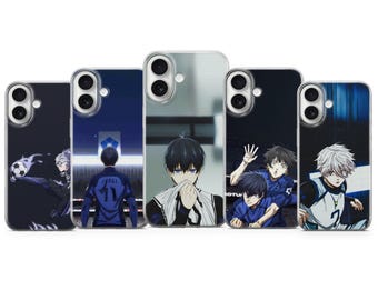 Könnte beinhalten: Fünf Smartphone-Hüllen mit Anime-Illustrationen von Fußballspielern in blauen Trikots. Die Designs zeigen Charaktere in Aktion, einen Spieler von hinten mit der Nummer 11, eine Nahaufnahme mit einem Handtuch sowie verschiedene Mannschaftsszenen.