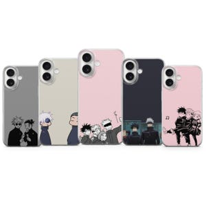 May include: Five smartphone cases featuring anime-style character illustrations. The cases come in gray, beige, and pink, each displaying different groups of characters in black and white line art or full-color scenes from the Jujutsu Kaisen series.