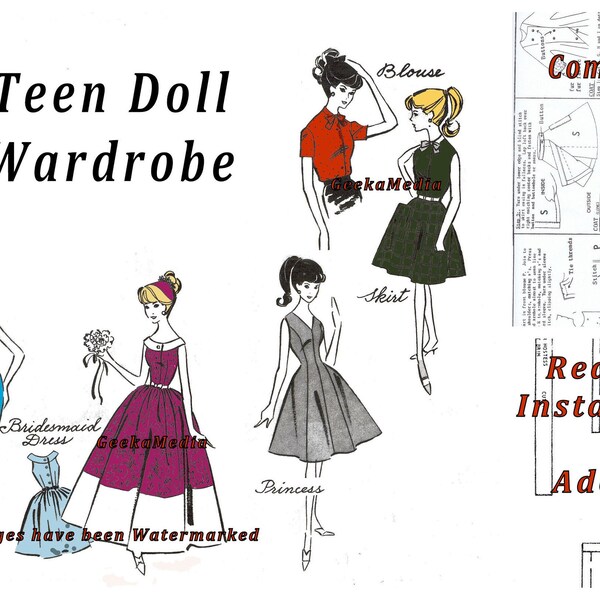 Barbie PDF Sewing Patterns Fits Fashion Size Teen Dolls 11 inches tall (Tammy, Sindy, Francie, Babette, Wendy, Babs, Cher)