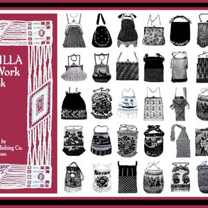 May include: A vintage book cover titled "PRISCILLA Bead Work Book" published by The Priscilla Publishing Co. Boston, Mass. The cover features a red background with a white beaded border. The book cover is surrounded by 40 images of beaded purses and bags.