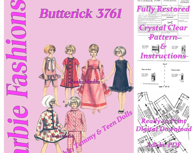 Barbie PDF Sewing Patterns Fits Fashion Size Teen Dolls 11 inches tall (Tammy, Sindy, Francie, Babette, Wendy, Babs, Cher) 3761