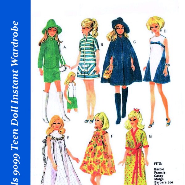 McCalls 9099 Barbie Sewing Patterns for 11 1/2 inch Fashion Teen Dolls (Tammy, Sindy, Francie, Babette, Wendy, Babs, Cher) PDF