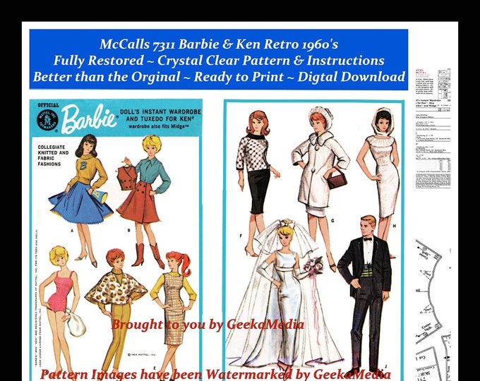 Barbie and Ken PDF Sewing Patterns Fits Fashion Size Teen Dolls 11 inches tall (Tammy, Sindy, Francie, Babette, Wendy, Babs, Cher) 7311