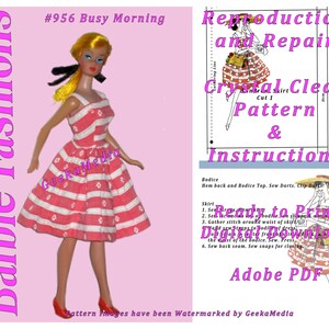 Barbie Busy Morning #956 Reproduction and Repair PDF Sewing Pattern Fits Fashion Size Teen Dolls (Tammy, Sindy, Cher) 956