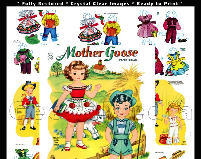 Mother Goose Print and Play Paper Doll Book  from 1962, Toy Dolls Playset in HD PDF