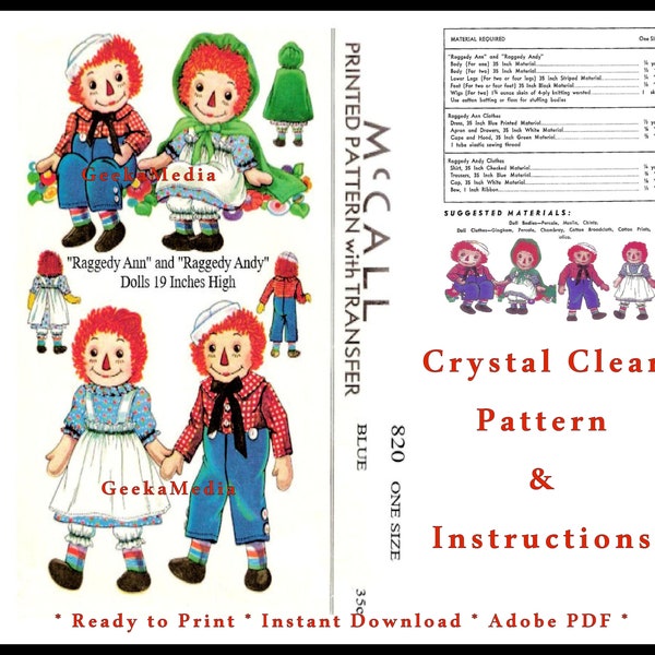 19 inch Raggedy Ann and Andy Cloth Doll Patterns in PDF