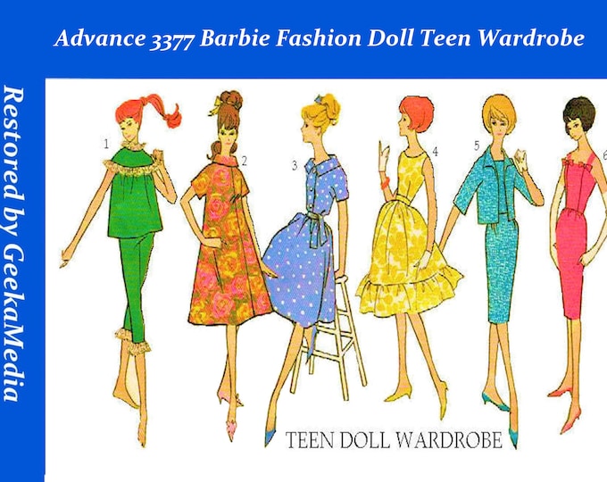 Advance 3377 11 inch Fashion Teen Doll Sewing Patterns For (Barbie, Tammy, Sindy, Francie, Babette, Wendy, Babs, Cher) PDF