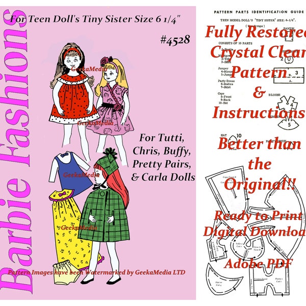 Tutti PDF Sewing Patterns Fits Fashion Size Teen Dolls 6 inch Doll 4528