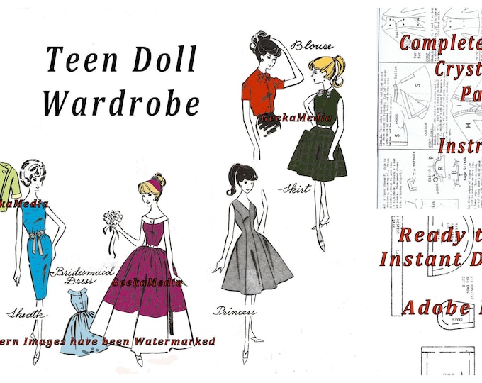 Barbie PDF Sewing Patterns Fits Fashion Size Teen Dolls 11 inches tall (Tammy, Sindy, Francie, Babette, Wendy, Babs, Cher)