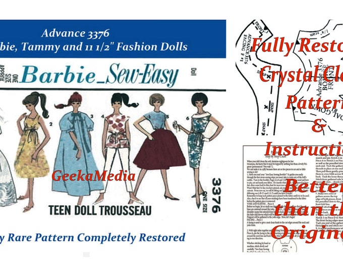 Advance 3376 11 inch Fashion Teen Doll Sewing Patterns For (Barbie, Tammy, Sindy, Francie, Babette, Wendy, Babs, Cher) PDF