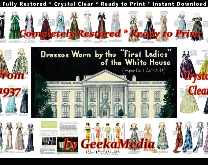 Dresses Worn by the First Ladies, Print and Play Paper Doll Book from 1937, Toy Dolls Playset in HD PDF