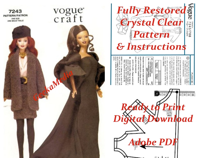 Vogue 7243 11 inch Fashion Teen Doll Sewing Patterns For (Barbie, Tammy, Sindy, Francie, Babette, Wendy, Babs, Cher) PDF