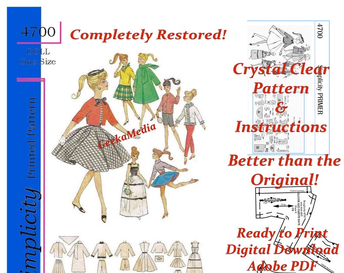 Simplicity 4700 11 inch Fashion Teen Doll Sewing Patterns For (Tammy, Barbie, Sindy, Francie, Babette, Wendy, Babs, Cher) PDF