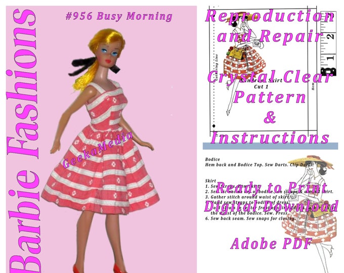 Barbie Busy Morning #956 Reproduction and Repair PDF Sewing Pattern Fits Fashion Size Teen Dolls (Tammy, Sindy, Cher) 956