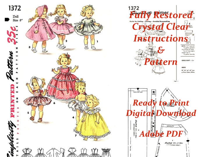 8 inch doll Sewing Pattern for Ginny Nancy Ann Storybook Muffie Ginger Alexanderkins Simplicity 1372 PDF