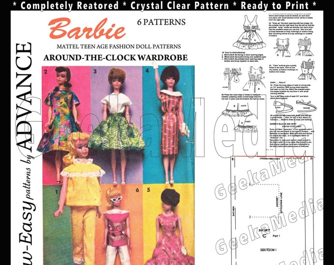 Advance 2896 11 inch Fashion Teen Doll Sewing Patterns For (Barbie, Tammy, Sindy, Francie, Babette, Wendy, Babs, Cher) PDF