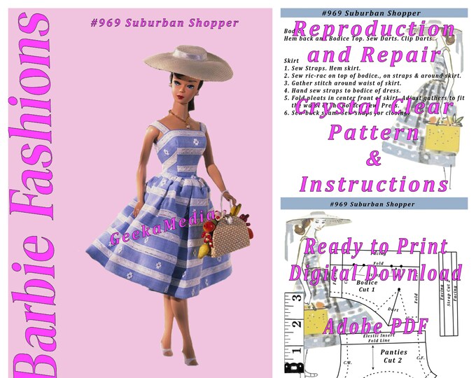 Barbie Suburban Shopper #969 Reproduction and Repair PDF Sewing Pattern Fits Fashion Size Teen Dolls (Tammy, Sindy, Cher) 969