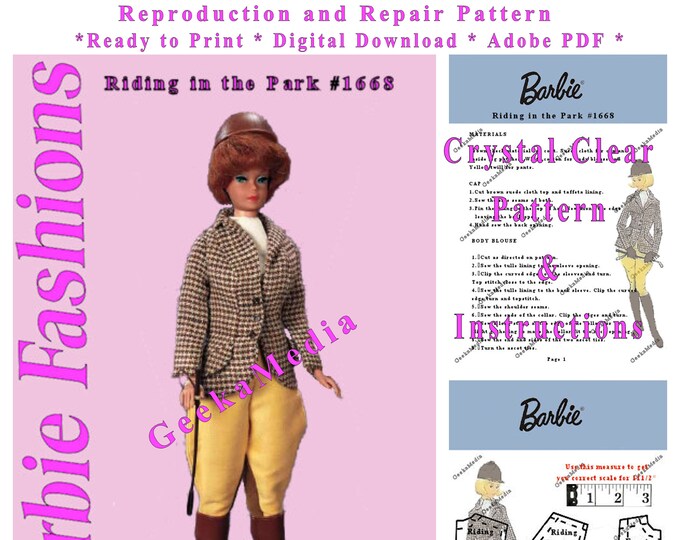 Barbie Riding in the Park #1668 Reproduction and Repair PDF Sewing Pattern Fits Fashion Size Teen Dolls (Tammy, Sindy, Cher) 1668