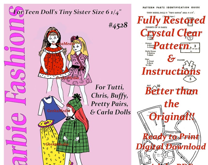 Tutti PDF Sewing Patterns Fits Fashion Size Teen Dolls 6 inch Doll 4528