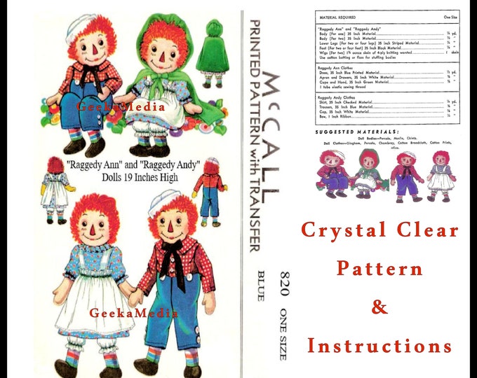 19 inch Raggedy Ann and Andy Cloth Doll Patterns in PDF