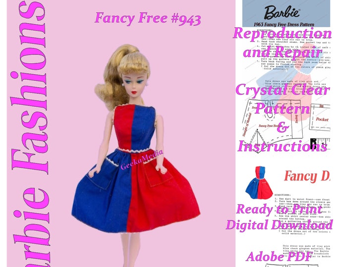 Barbie Fancy Free #943 Reproduction and Repair PDF Sewing Pattern Fits Fashion Size Teen Dolls (Tammy, Sindy, Cher) 943