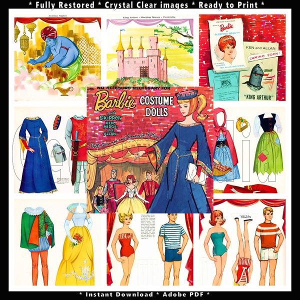 Barbie Costume Paper Dolls Imprime y juega libro de muñecas de papel de 1960, Toy Dolls Playset en HD PDF