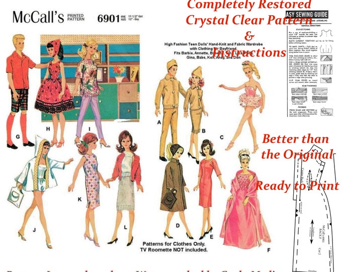 Barbie and Ken PDF Sewing Patterns Fits Fashion Size Teen Dolls 11 inches tall (Tammy, Sindy, Francie, Babette, Wendy, Babs, Cher) 6901