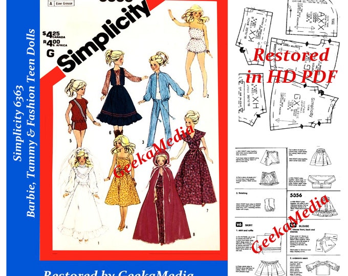 Simplicity 6363 11 inch Fashion Teen Doll Sewing Patterns For (Barbie, Tammy, Sindy, Francie, Babette, Wendy, Babs, Cher) PDF