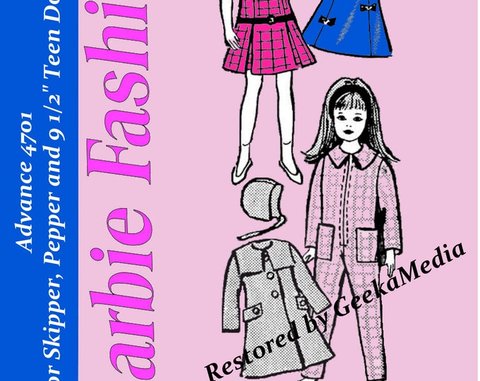 Skipper PDF Sewing Patterns Fits 9 inch Fashion Teen Dolls (Penny Bright, Pepper, Betsy McCall, Ginny, Muffie, Ginger Dolls) 4701