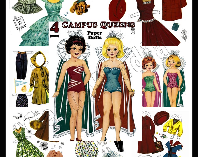 4 Campus Queens Print and Play Paper Doll Book  from 1962, Toy Dolls Playset in HD PDF