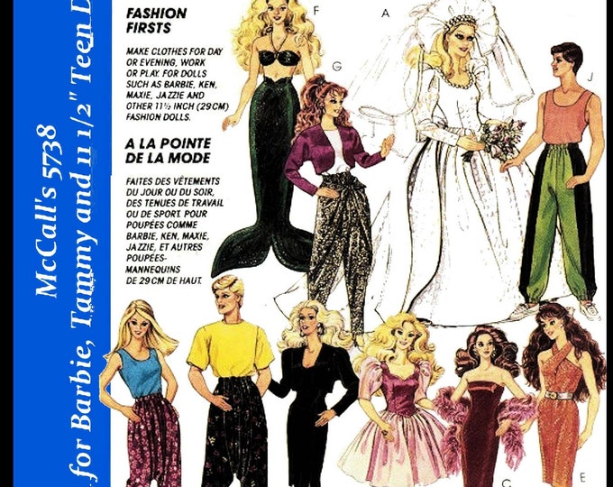 McCalls 5738 11 inch Fashion Teen Doll Sewing Patterns For (Barbie, Tammy, Sindy, Francie, Babette, Wendy, Babs, Cher) PDF