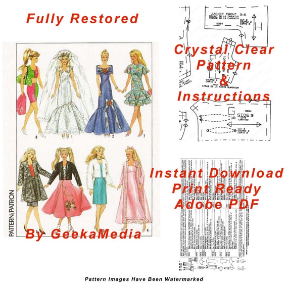 Barbie PDF Sewing Patterns Fits Fashion Size Teen Dolls 11 Inches