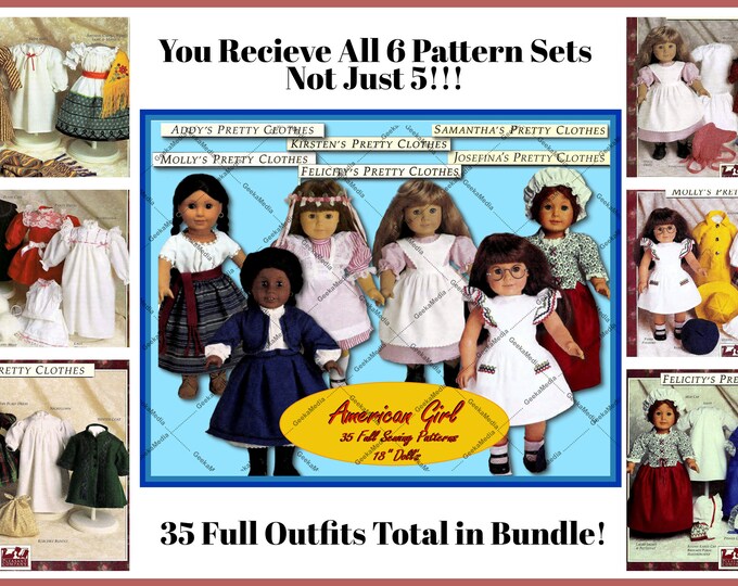 6 American Girl Doll Sewing Patterns 35 Piece Pretty Clothes Wardrobe Bundle for Glamour Fashion Dolls Miss Revlon, Cissy, Madame Alexander