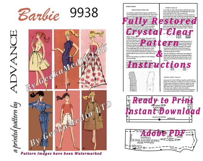 Advance 9938 11 inch Fashion Teen Doll Sewing Patterns For (Barbie, Tammy, Sindy, Francie, Babette, Wendy, Babs, Cher) PDF