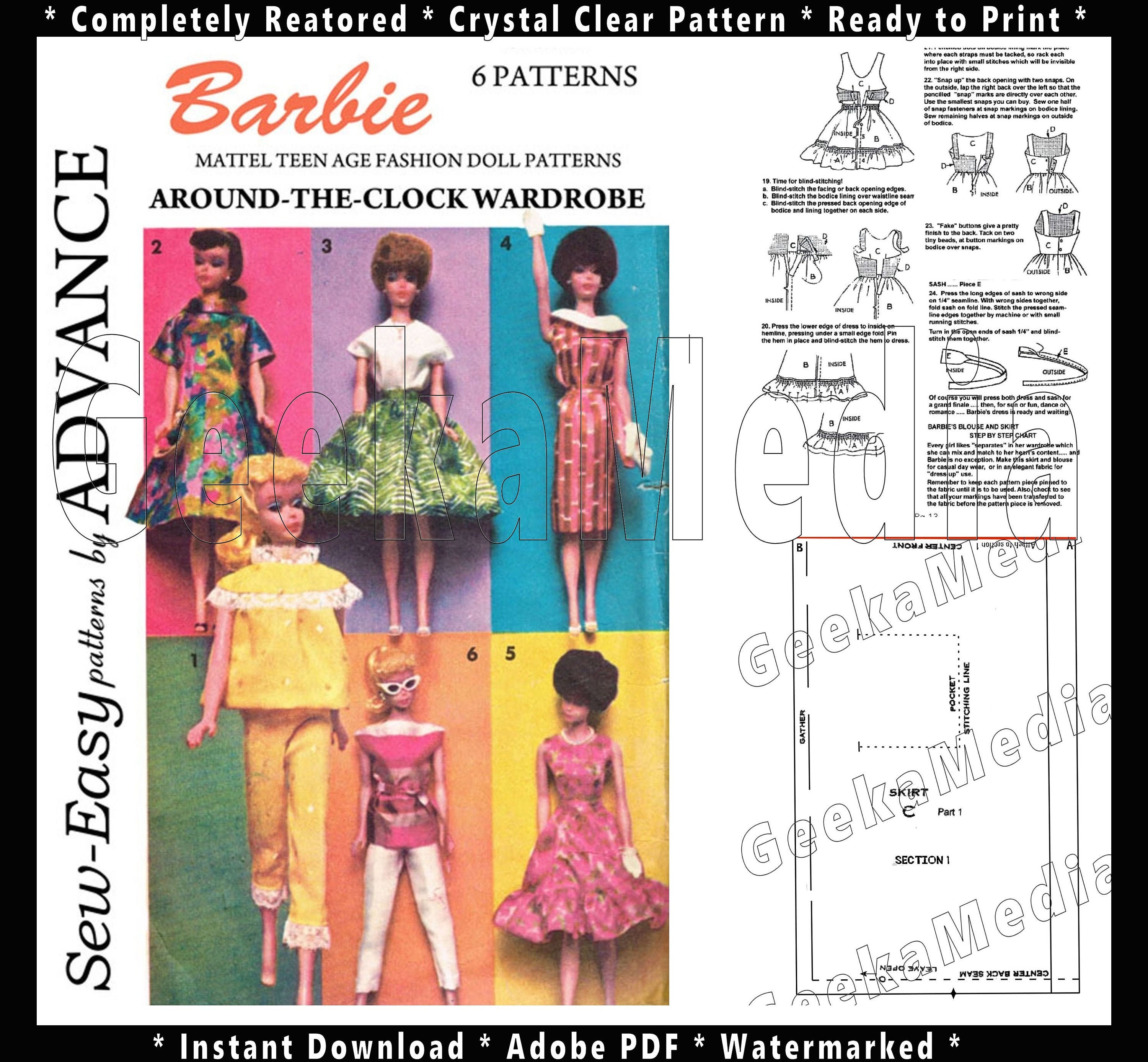 Advance 9939 - for 11 1/2 inch dolls such as barbie - sewing pattern