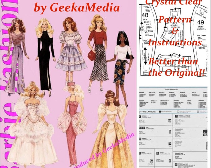 McCalls 6876  Barbie 11 1/2 inch Sewing Patterns For Teen Fashion Dolls (Tammy, Sindy, Francie, Babette, Wendy, Babs, Cher) PDF