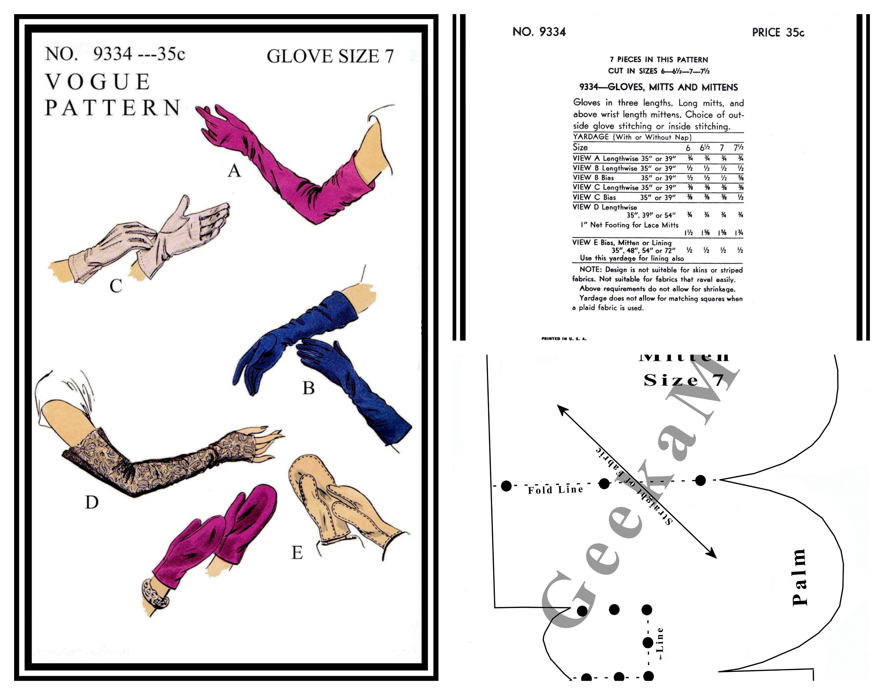 Vogue 9334 1940's Formal Evening Glove Making Sewing Pattern in H…