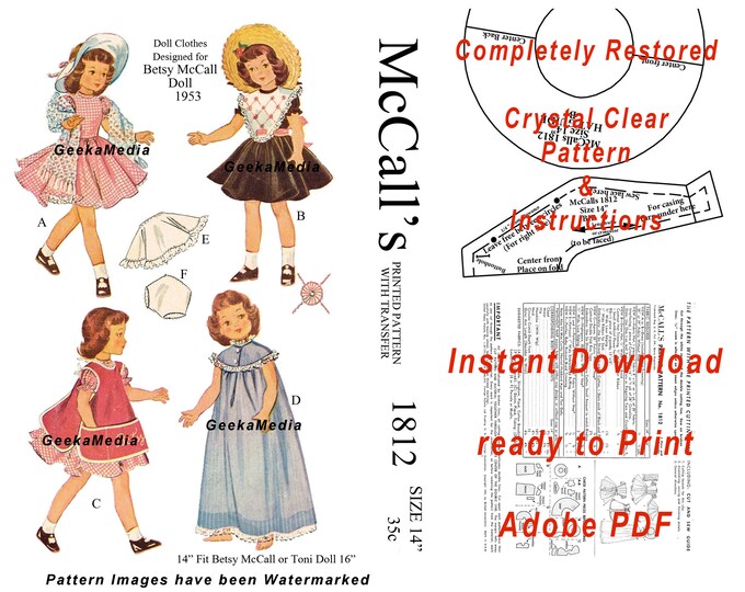 Toni 14 inch Doll and Betsy McCall Doll Sewing Pattern in HD PDF