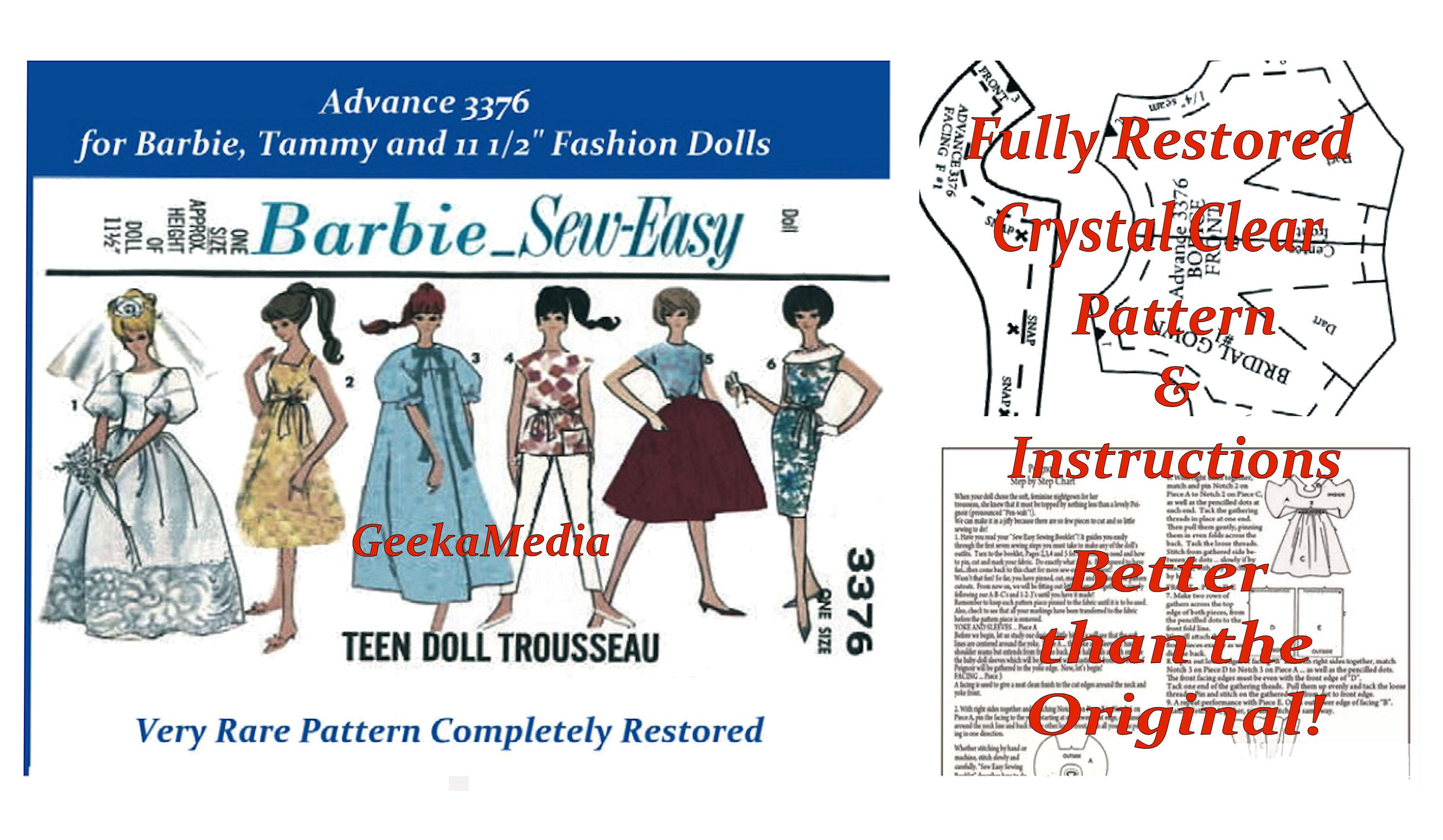 Barbie PDF Sewing Patterns Fits Fashion Size Teen Dolls 11 Inches