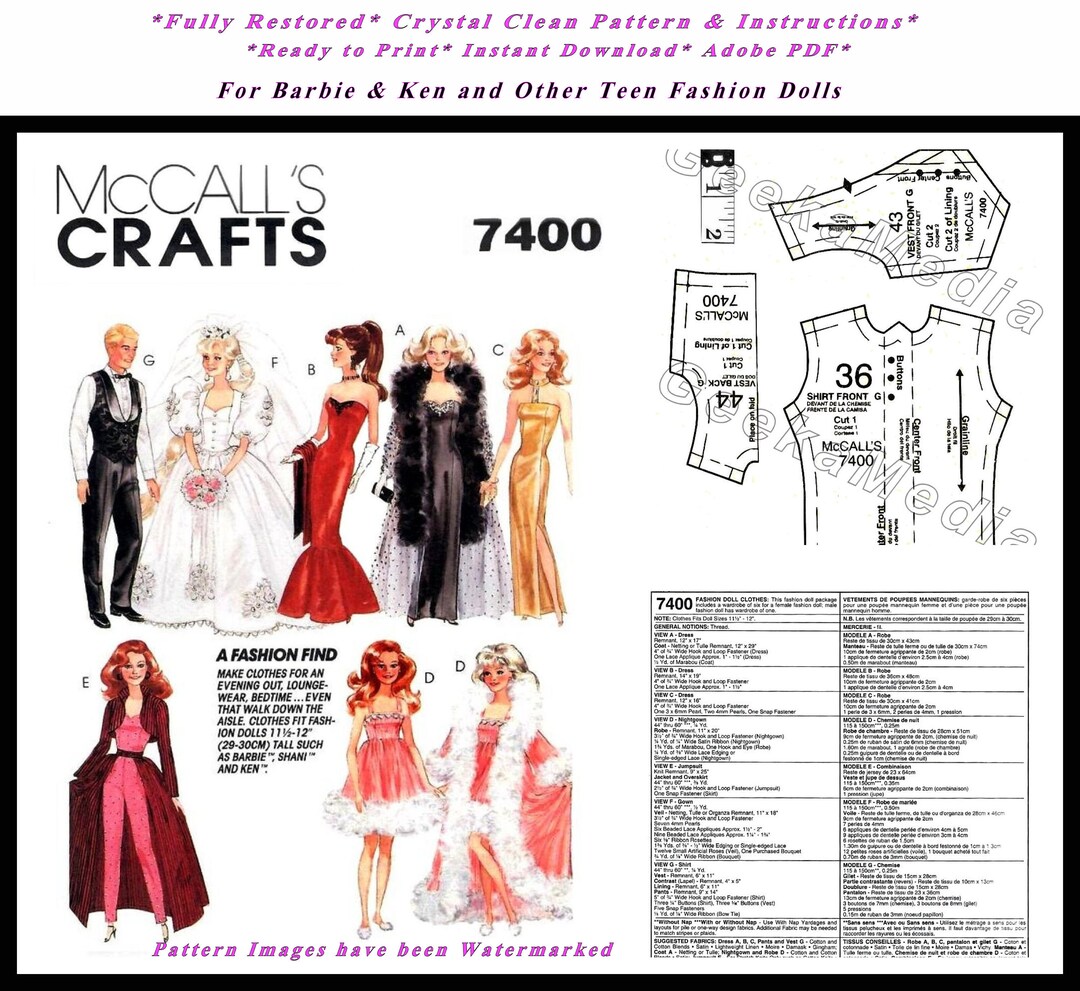 Barbie and Ken PDF Sewing Patterns Fits Fashion Size Teen Dolls 11 Inches Tall tammy, Sindy